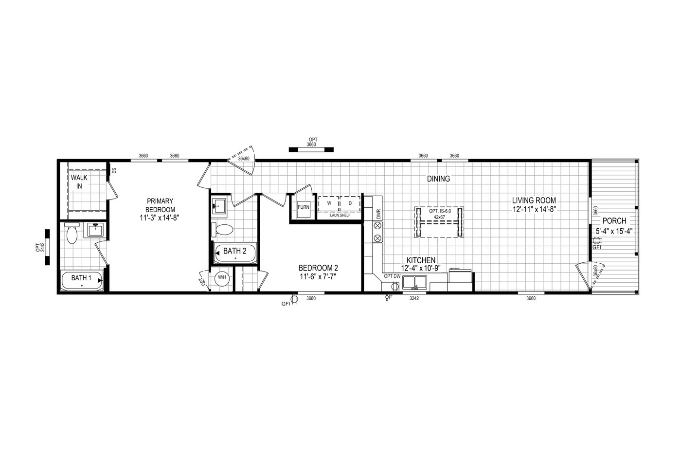 The 6616-772P THE PULSE Floor Plan. This Manufactured Mobile Home features 2 bedrooms and 2 baths.