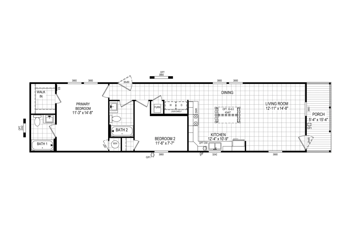 The 6616-772P THE PULSE Floor Plan. This Manufactured Mobile Home features 2 bedrooms and 2 baths.