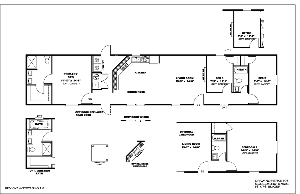 The BLAZER 76 C Floor Plan. This Manufactured Mobile Home features 3 bedrooms and 2 baths.