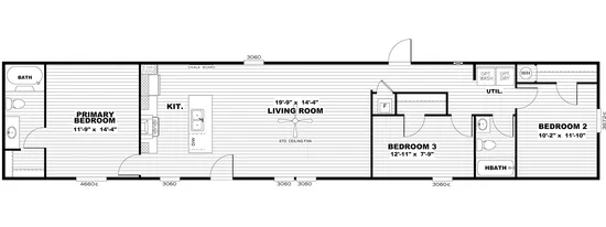 The BREEZE 16763A Floor Plan. This Manufactured Mobile Home features 3 bedrooms and 2 baths.