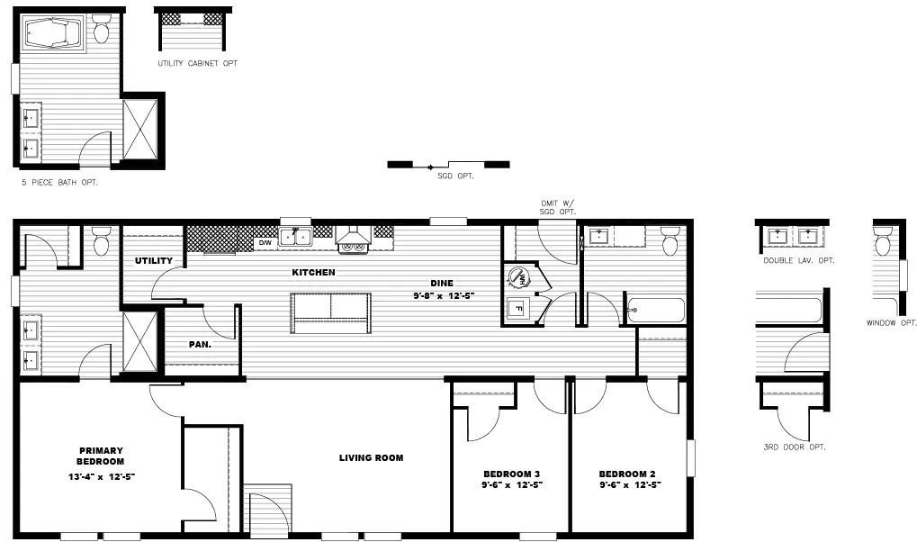 The WONDERFUL WORLD Floor Plan. This Manufactured Mobile Home features 3 bedrooms and 2 baths.