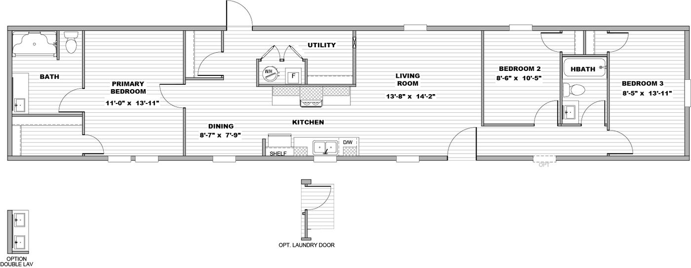 The NORTHSTAR 16X76 Floor Plan. This Manufactured Mobile Home features 3 bedrooms and 2 baths.