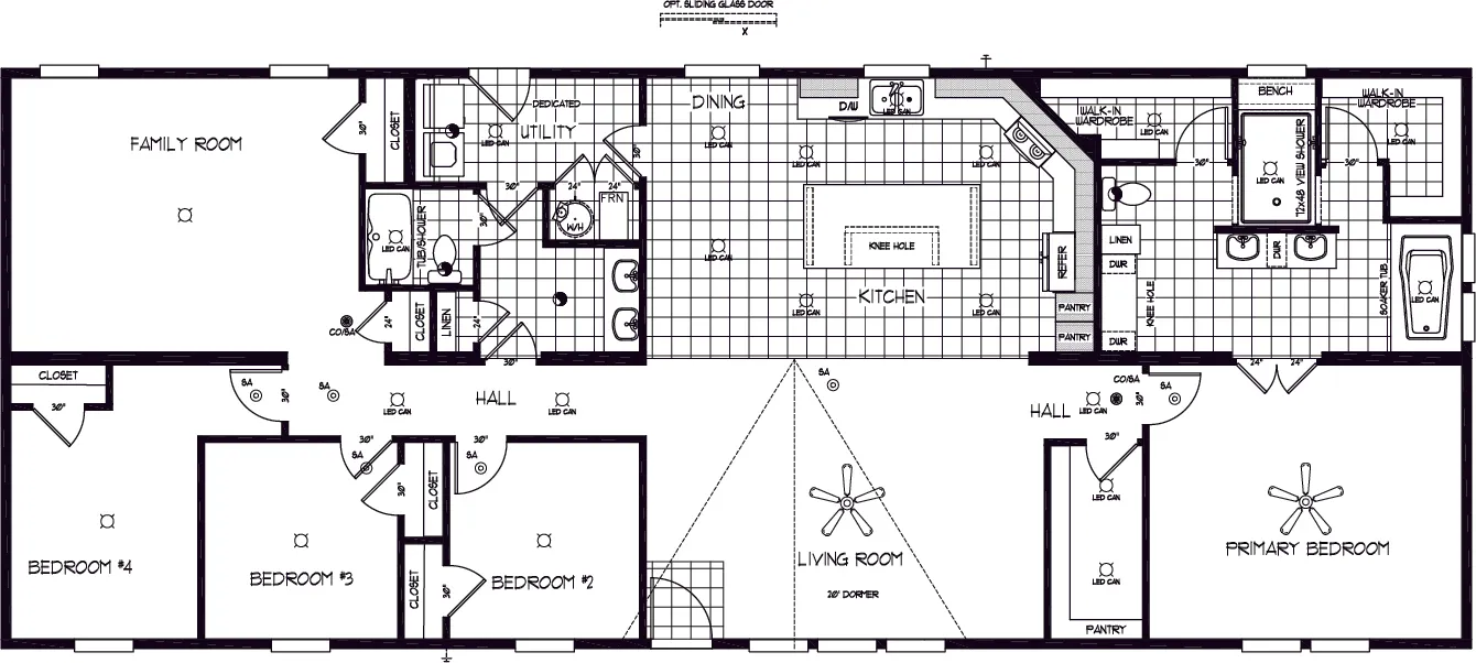 The TU3076A MEGA TUNDRA Floor Plan. This Manufactured Mobile Home features 4 bedrooms and 2 baths.