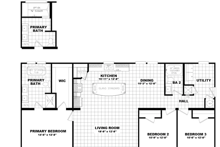 The 3542 THE WATERWAY MOD Floor Plan. This Modular Home features 3 bedrooms and 2 baths.