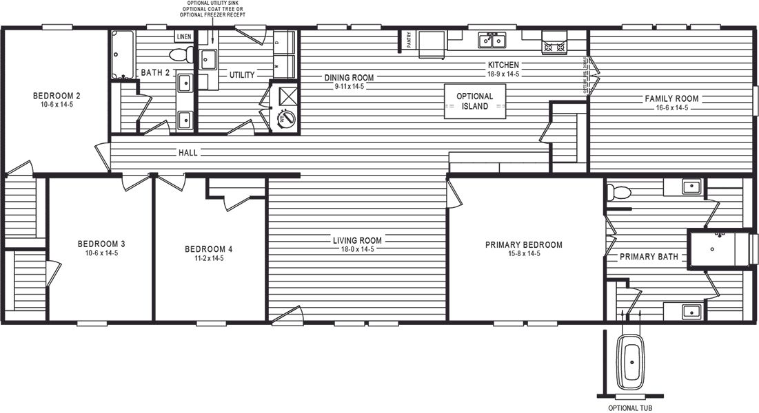 The 5430 "UWHARRIE" 7632 Floor Plan. This Manufactured Mobile Home features 4 bedrooms and 2 baths.