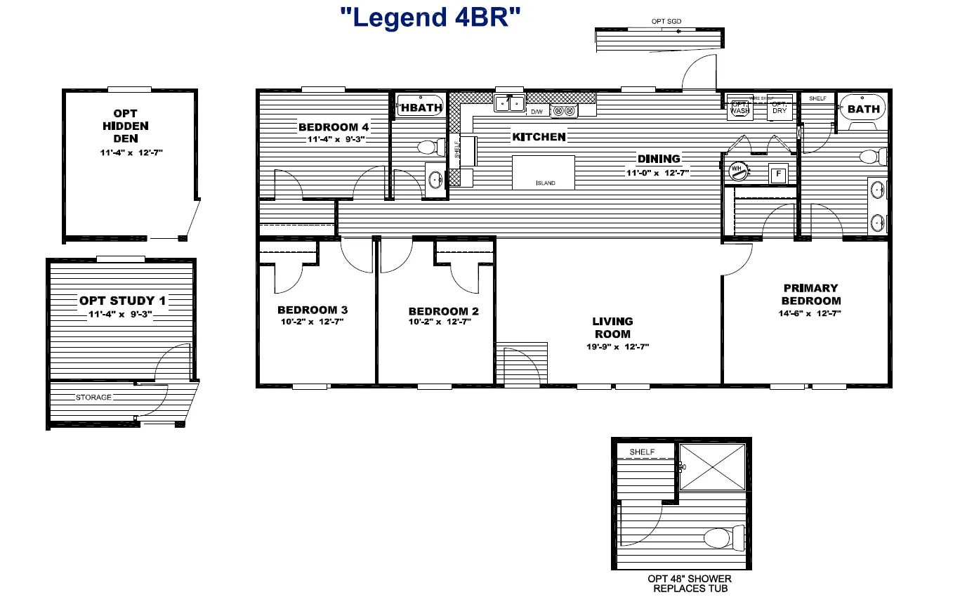 The LEGEND 28X56 4 BR Floor Plan. This Manufactured Mobile Home features 4 bedrooms and 2 baths.