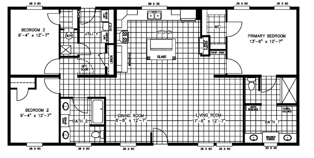 The SWEET BREEZE 56 Floor Plan. This Manufactured Mobile Home features 3 bedrooms and 2 baths.