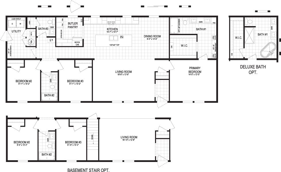The BUTLER PLACE/6428-MS056 SECT Floor Plan. This Manufactured Mobile Home features 3 bedrooms and 3 baths.