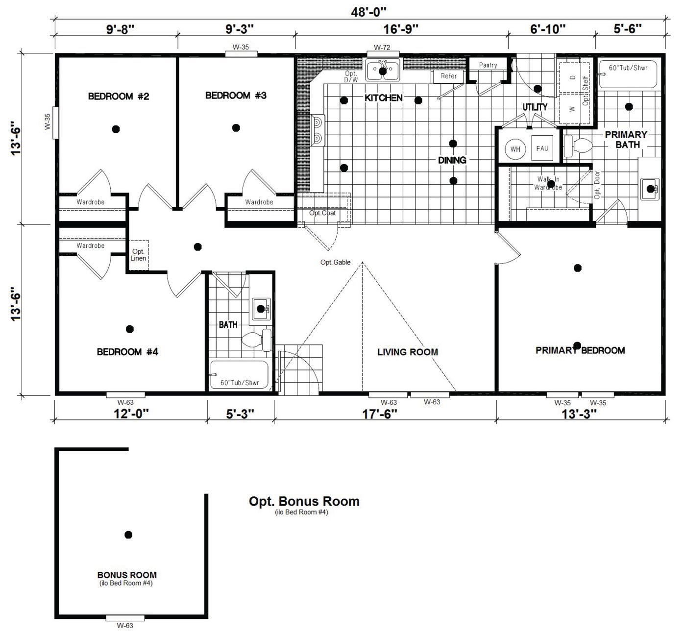 The DRM486F 48' DREAM Floor Plan. This Manufactured Mobile Home features 4 bedrooms and 2 baths.