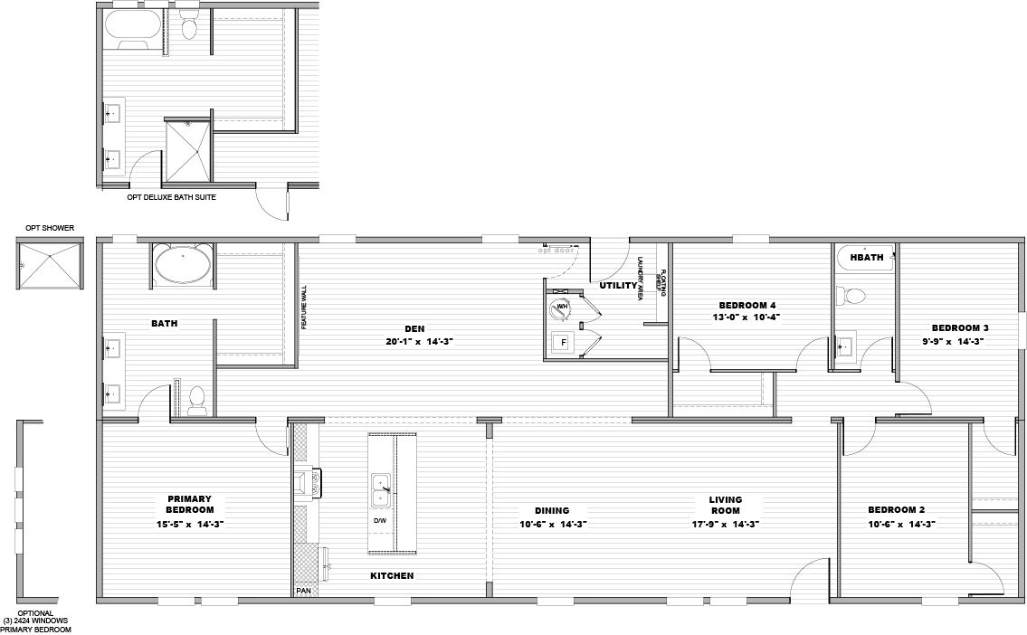 The EVEREST Floor Plan. This Manufactured Mobile Home features 4 bedrooms and 2 baths.