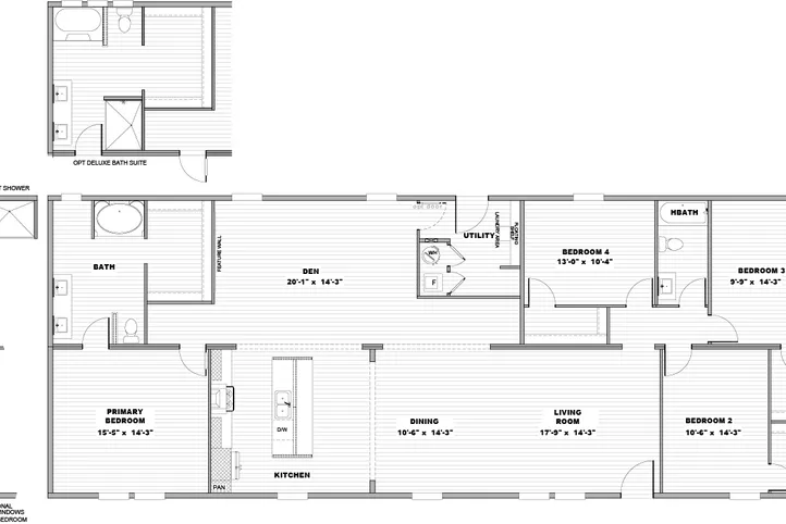 The EVEREST Floor Plan. This Manufactured Mobile Home features 4 bedrooms and 2 baths.