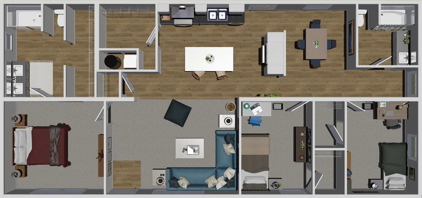 The LET IT BE Floor Plan. This Modular Home features 3 bedrooms and 2 baths.