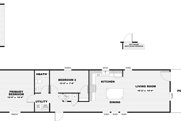 The PORCH LIVING SERIES 16682A Floor Plan. This Manufactured Mobile Home features 2 bedrooms and 2 baths.