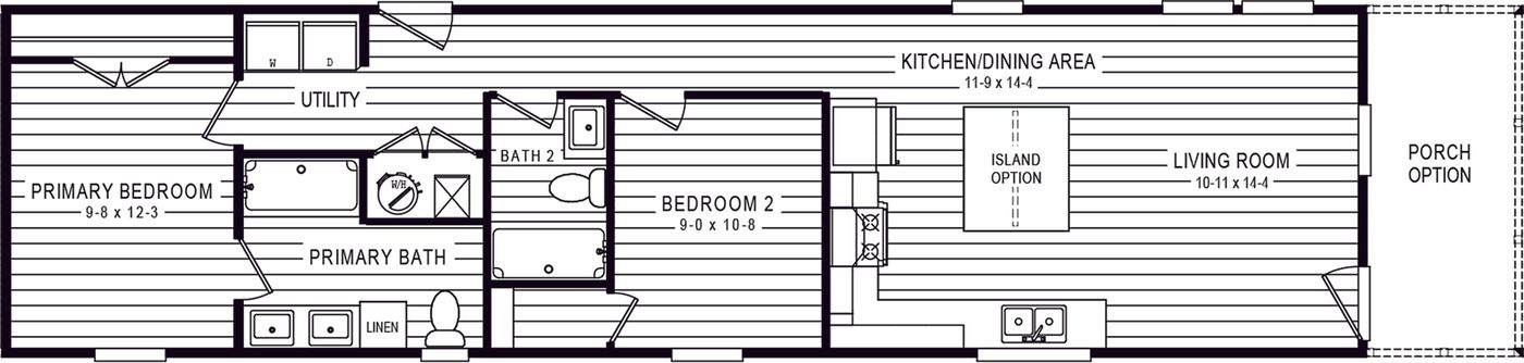 The 4200 "SOUTHPORT" 58'4X16 Floor Plan. This Manufactured Mobile Home features 2 bedrooms and 2 baths.