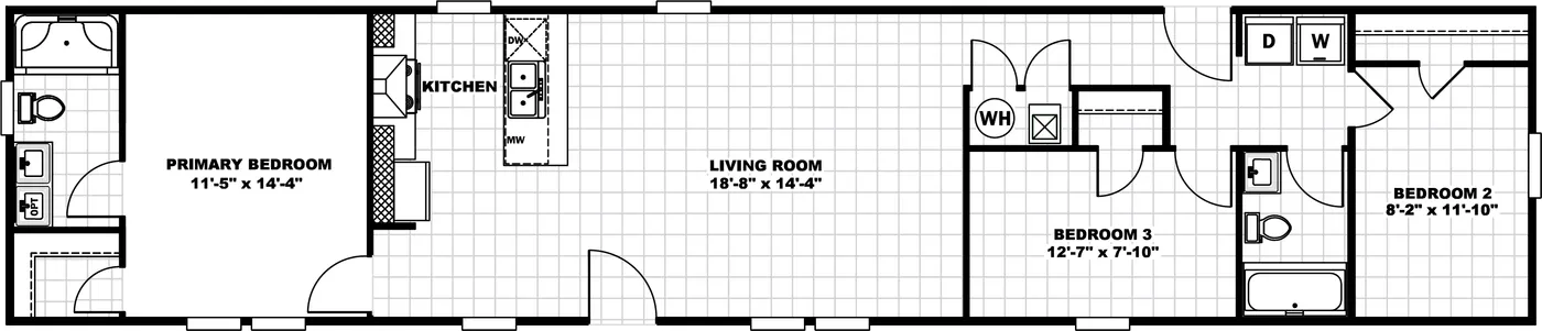 The THE BREEZE Floor Plan. This Manufactured Mobile Home features 3 bedrooms and 2 baths.