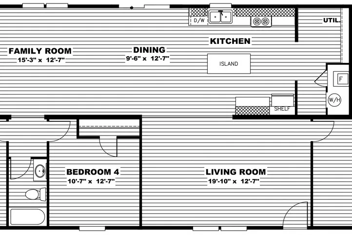 The PRIDE Floor Plan. This Manufactured Mobile Home features 4 bedrooms and 2 baths.