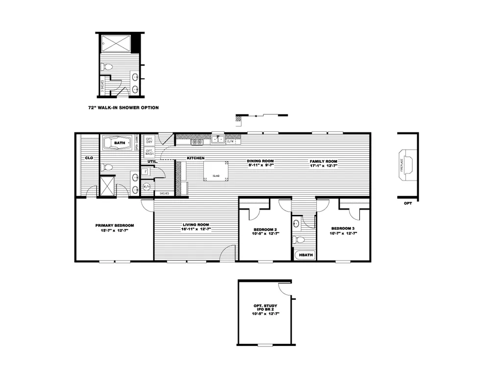 The ULTRA EXCEL 3 BR 28X60 Floor Plan. This Manufactured Mobile Home features 3 bedrooms and 2 baths.