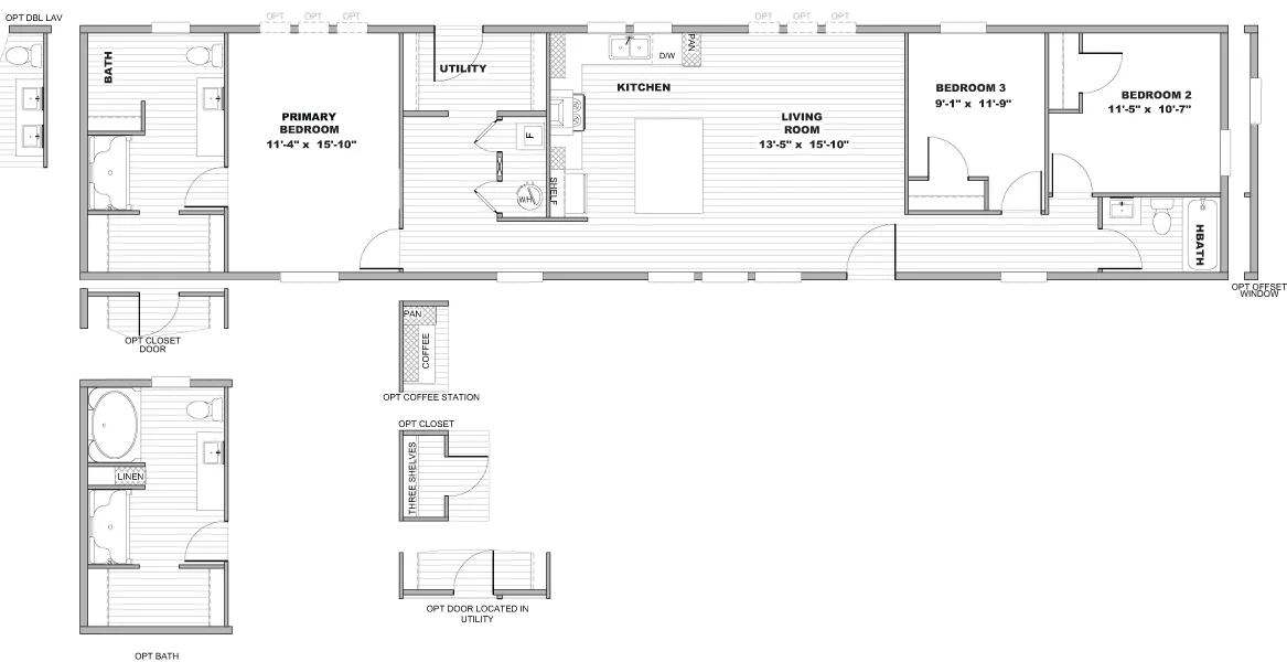 The FESTIVAL Floor Plan. This Manufactured Mobile Home features 3 bedrooms and 2 baths.