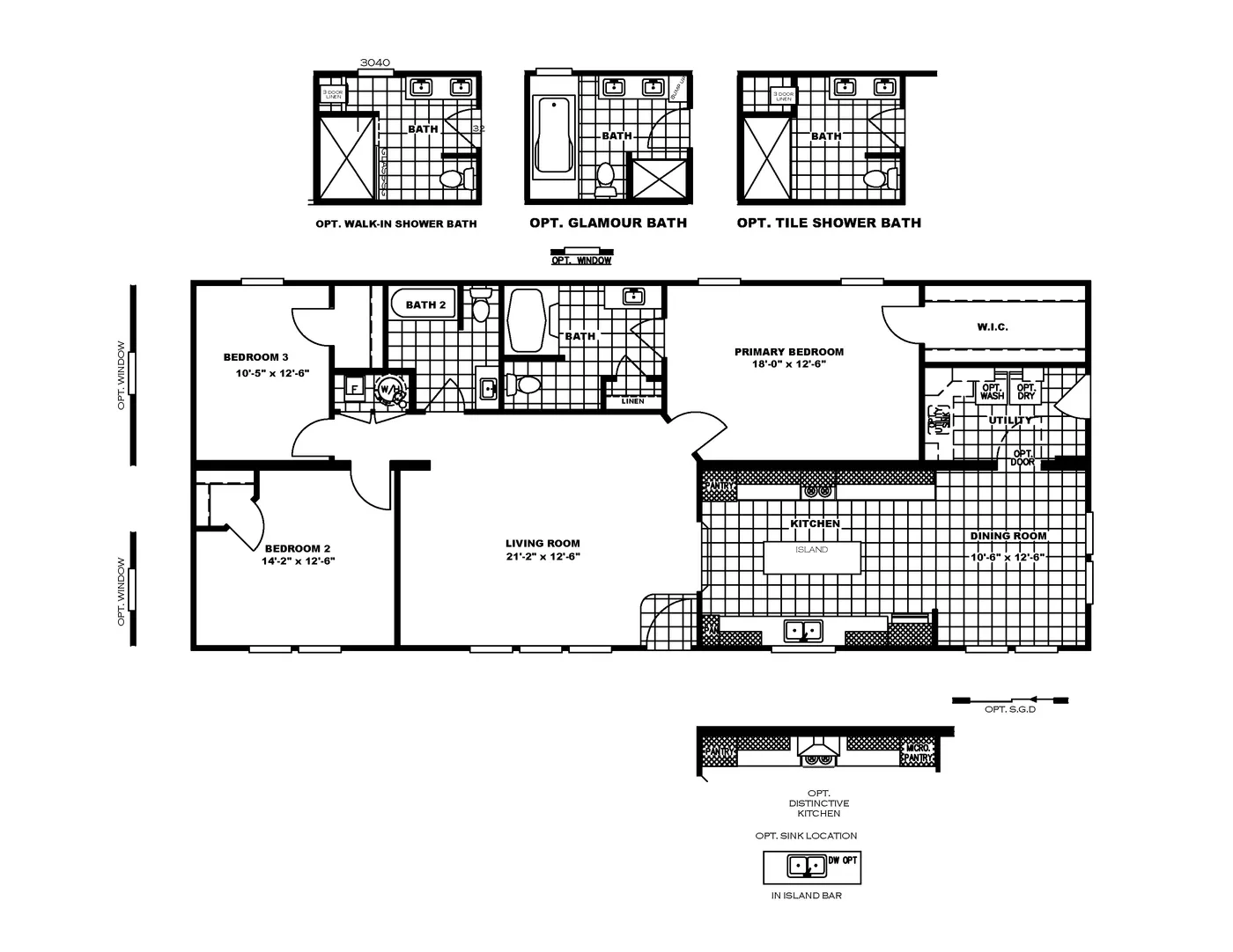 The CASTLE PINES Floor Plan. This Manufactured Mobile Home features 3 bedrooms and 2 baths.
