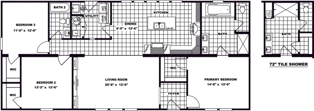 The CLASSIC 60B Floor Plan. This Manufactured Mobile Home features 3 bedrooms and 2 baths.