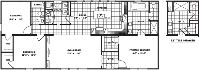 The CLASSIC 60B Floor Plan. This Manufactured Mobile Home features 3 bedrooms and 2 baths.