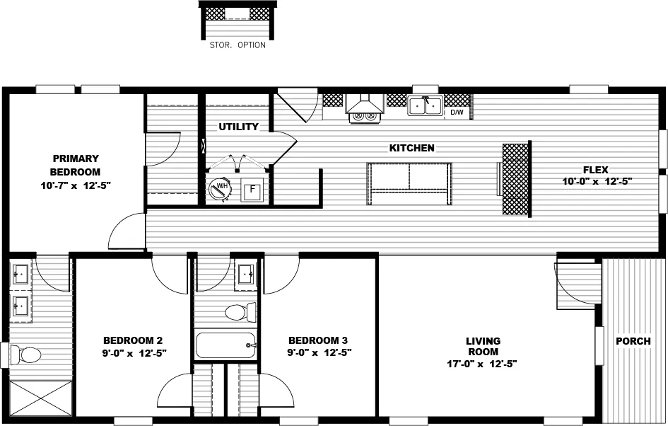 The JOHNNY B GOODE Floor Plan. This Modular Home features 3 bedrooms and 2 baths.