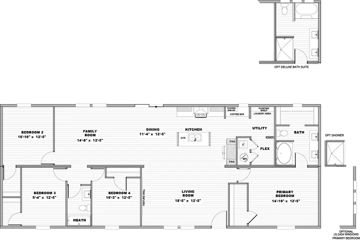 The MOROCCO Floor Plan. This Manufactured Mobile Home features 4 bedrooms and 2 baths.