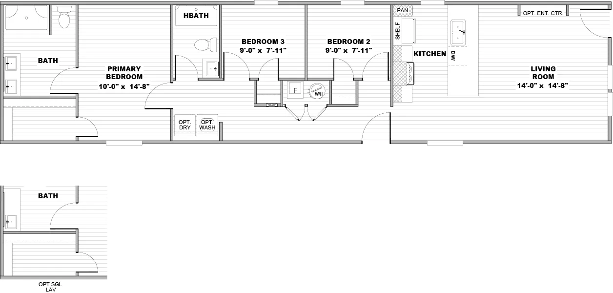 The ROCKY CREST Floor Plan. This Manufactured Mobile Home features 3 bedrooms and 2 baths.