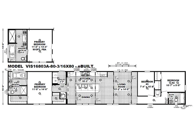 The THE SEASIDE Floor Plan. This Manufactured Mobile Home features 3 bedrooms and 2 baths.