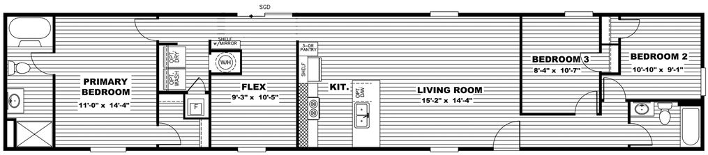 The CELEBRATION Floor Plan. This Manufactured Mobile Home features 3 bedrooms and 2 baths.