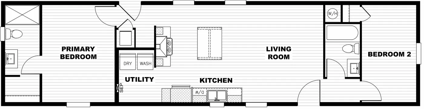 The BORN TO RUN Floor Plan. This Manufactured Mobile Home features 2 bedrooms and 2 baths.