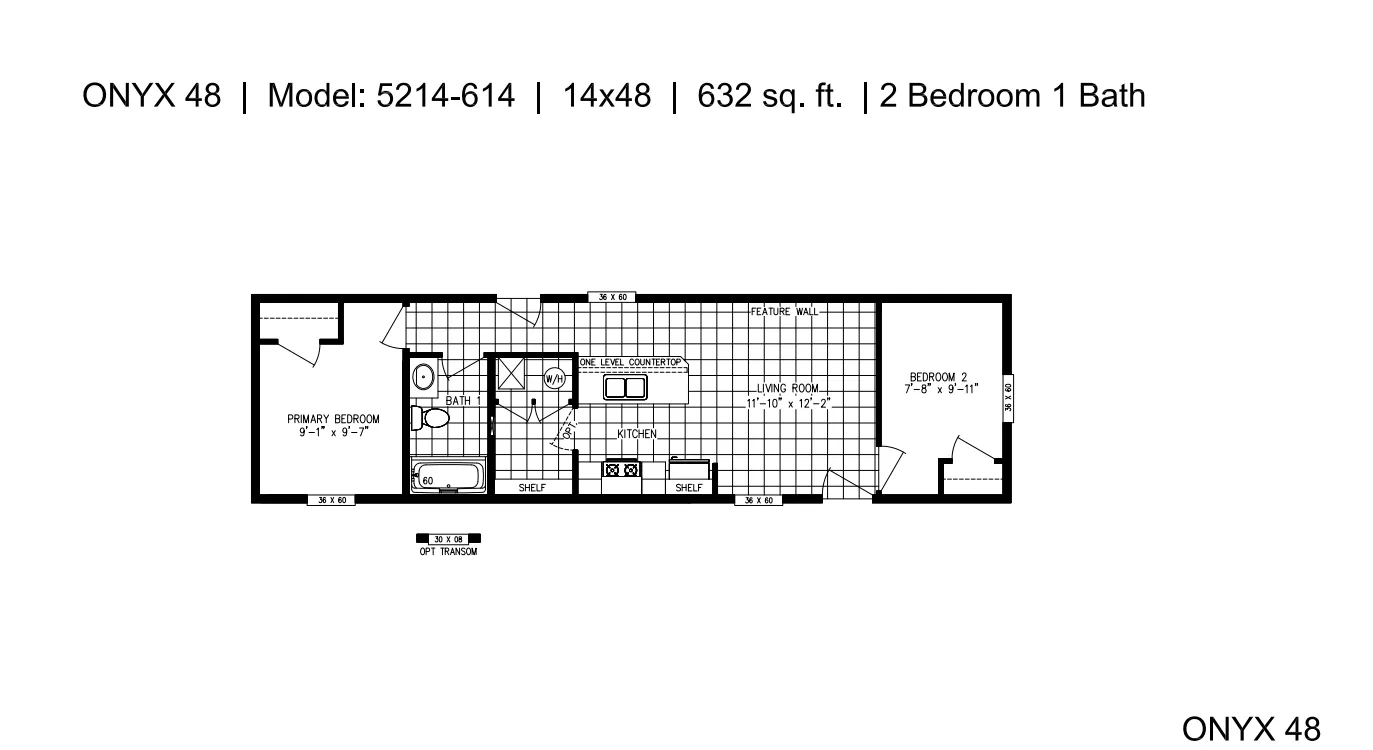 The ONYX 48 Floor Plan. This Manufactured Mobile Home features 2 bedrooms and 1 bath.