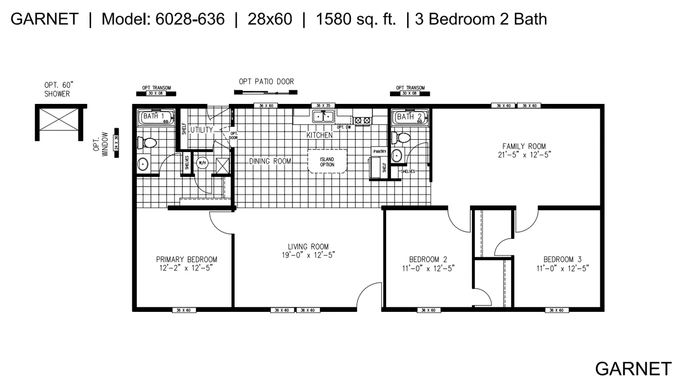 The GARNET Floor Plan. This Manufactured Mobile Home features 3 bedrooms and 2 baths.