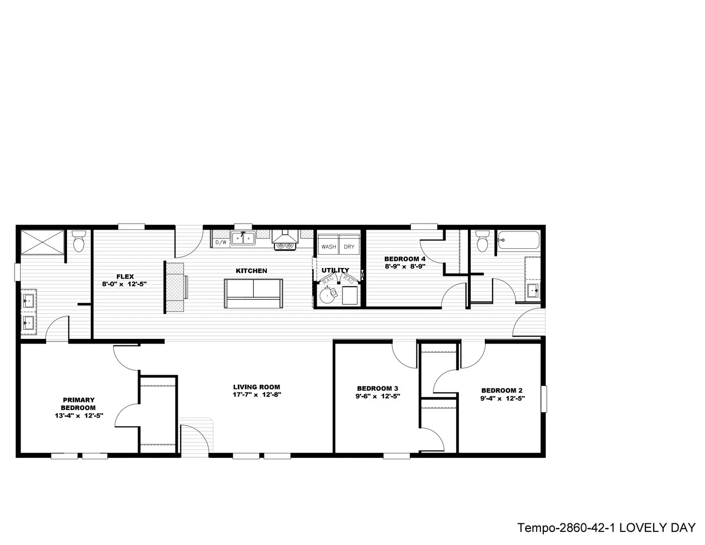 The LOVELY DAY Floor Plan. This Manufactured Mobile Home features 4 bedrooms and 2 baths.