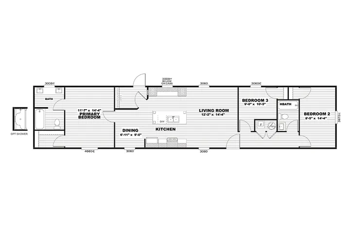The SELECT 16723B Floor Plan. This Manufactured Mobile Home features 3 bedrooms and 2 baths.