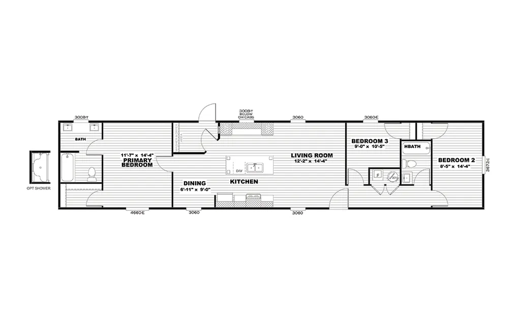 The SELECT 16723B Floor Plan. This Manufactured Mobile Home features 3 bedrooms and 2 baths.