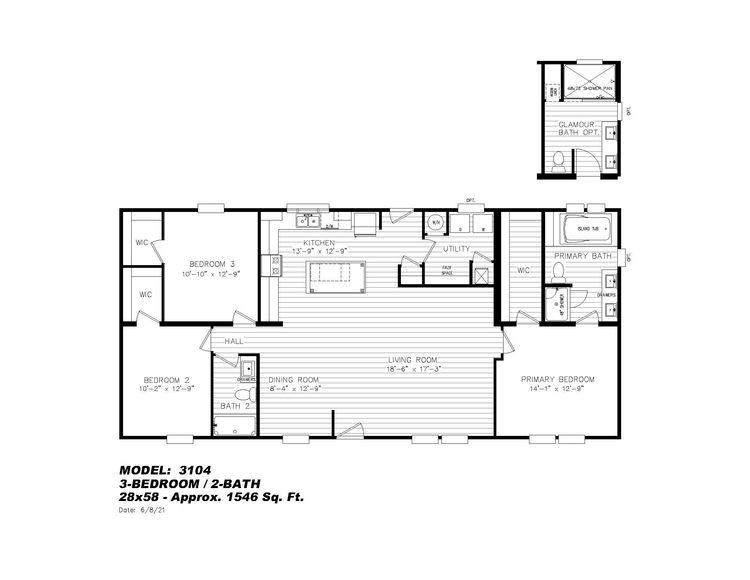 The PINEHURST 3104 Floor Plan. This Modular Home features 3 bedrooms and 2 baths.