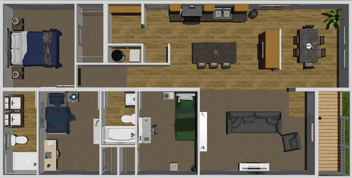 The JOHNNY B GOODE Floor Plan. This Modular Home features 3 bedrooms and 2 baths.