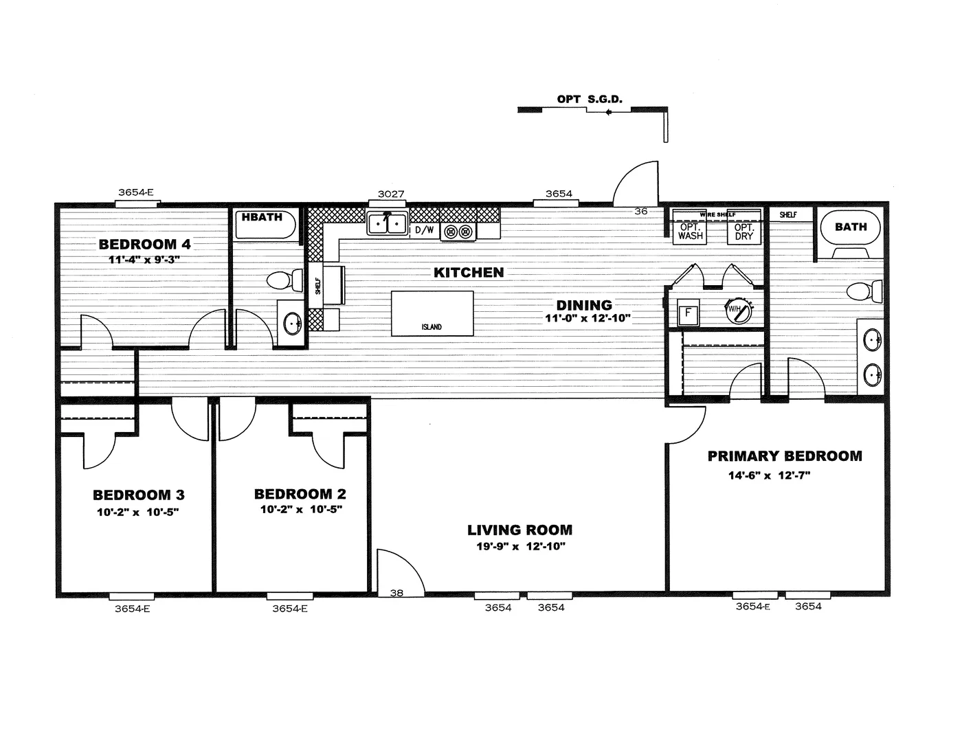 The LEGEND 28X56 4 BR Floor Plan. This Manufactured Mobile Home features 4 bedrooms and 2 baths.