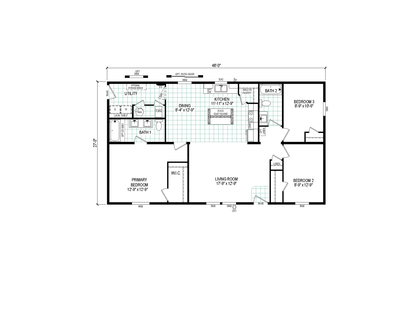 The 4828-E746 THE PULSE Floor Plan. This Manufactured Mobile Home features 3 bedrooms and 2 baths.