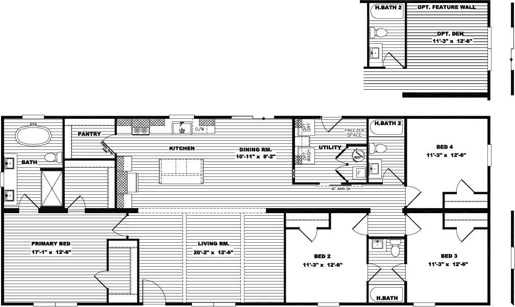 The EVERETT Floor Plan. This Manufactured Mobile Home features 4 bedrooms and 3 baths.