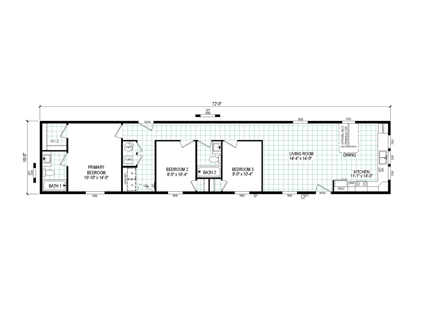 The 7216-4203 ADRENALINE Floor Plan. This Manufactured Mobile Home features 3 bedrooms and 2 baths.