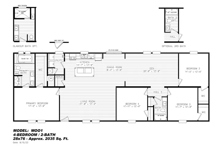 The BIG EASY M001 CAVALIER SELECT Floor Plan. This Modular Home features 4 bedrooms and 2 baths.