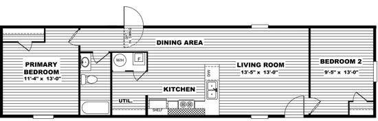 The BLISS Floor Plan. This Manufactured Mobile Home features 2 bedrooms and 1 bath.