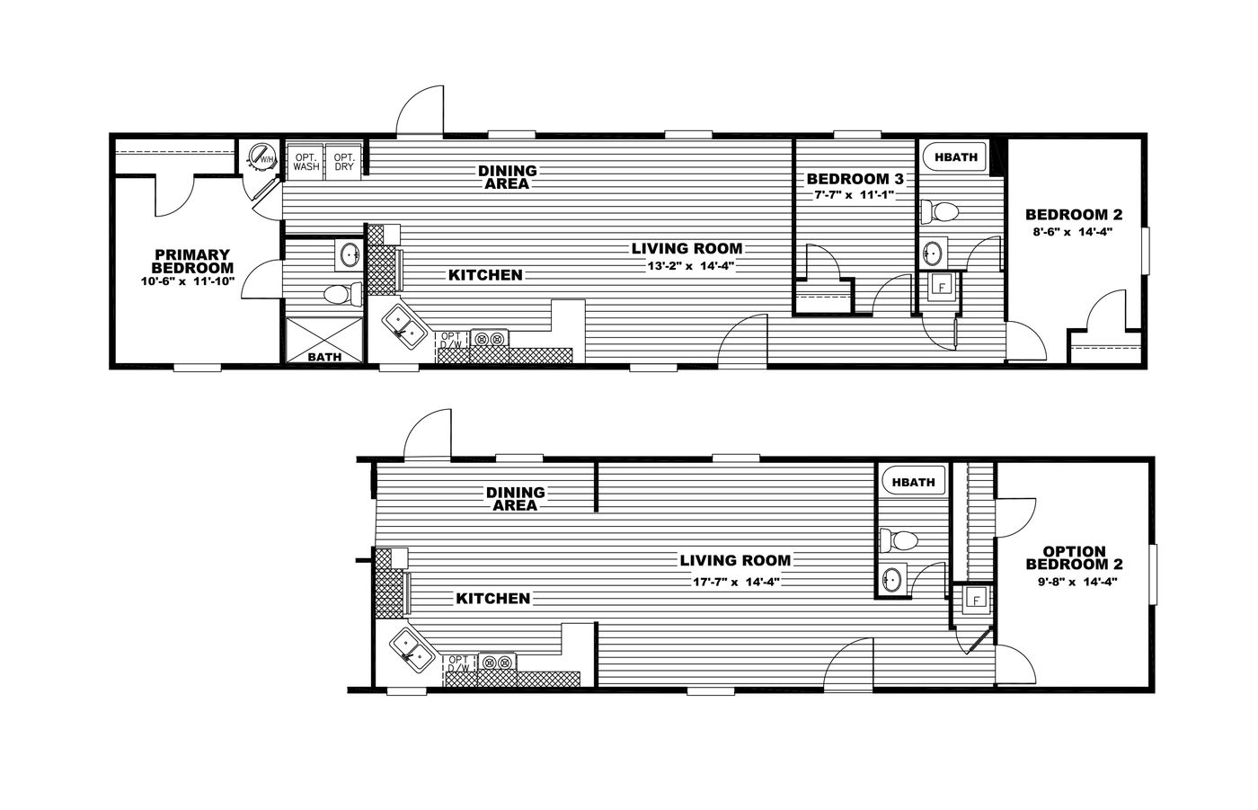 The ULTRA EXCEL 16X66 Floor Plan. This Manufactured Mobile Home features 3 bedrooms and 2 baths.