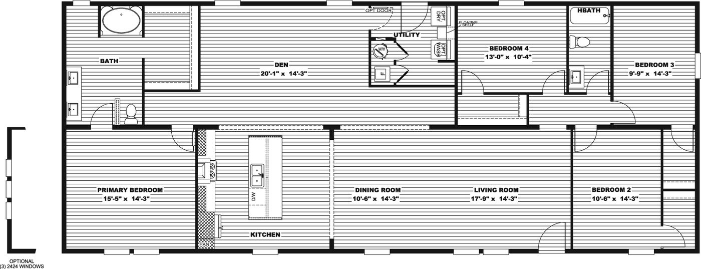 The EVEREST Floor Plan. This Manufactured Mobile Home features 4 bedrooms and 2 baths.