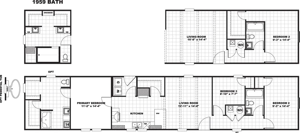 The 1959 Floor Plan. This Manufactured Mobile Home features 3 bedrooms and 2 baths.