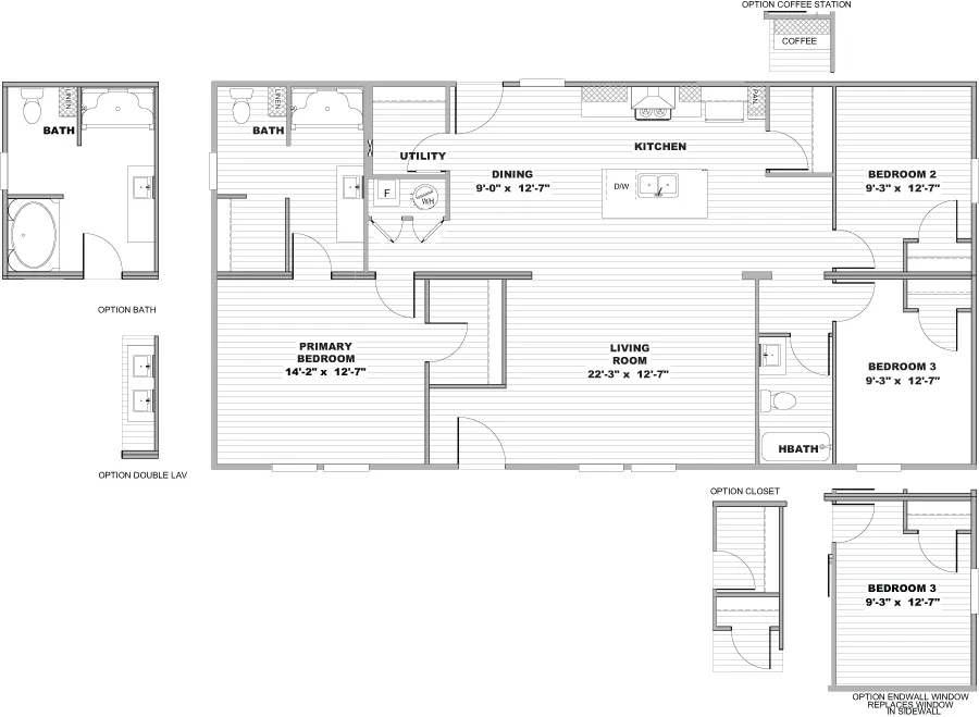 The GLIMPSE Floor Plan. This Manufactured Mobile Home features 3 bedrooms and 2 baths.