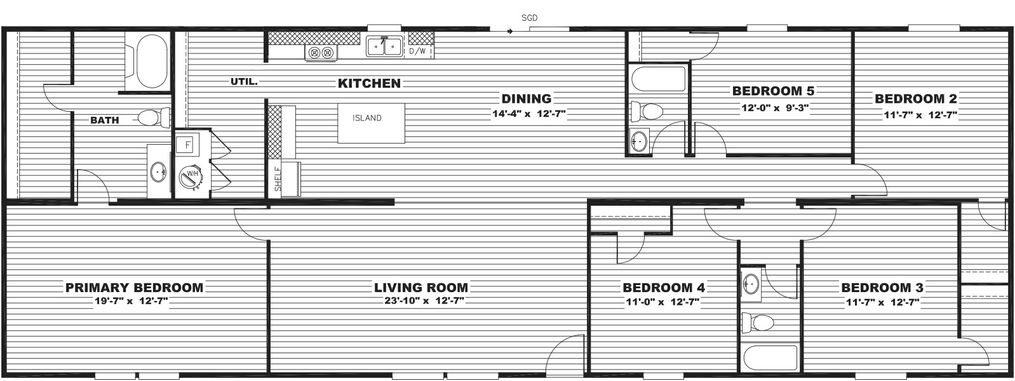 The TRIUMPH Floor Plan. This Manufactured Mobile Home features 5 bedrooms and 3 baths.