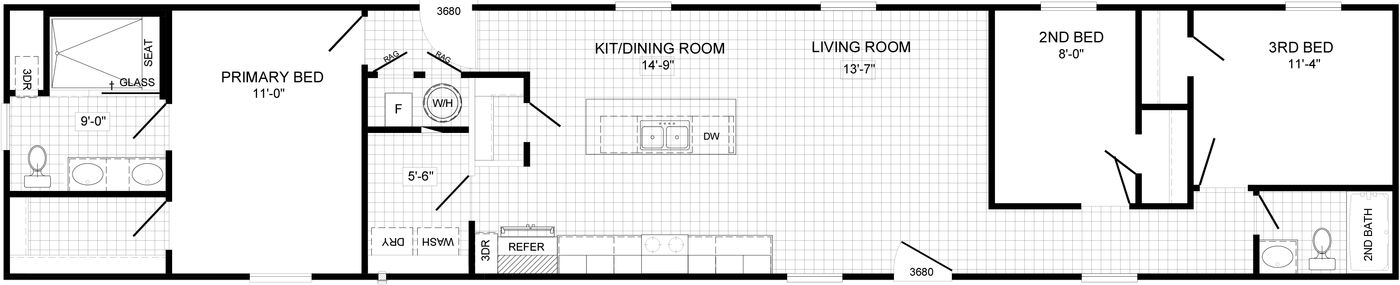 The THE WAVERLY Floor Plan. This Manufactured Mobile Home features 3 bedrooms and 2 baths.